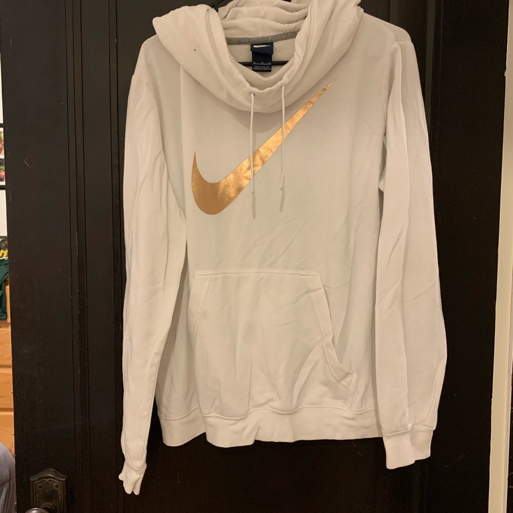 White and Gold Metallic NIKE Cowl Neck Hoodie